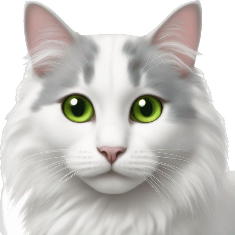 Fluffy white Turkish van cat with gray spot on next to right ear and green eyes emoji