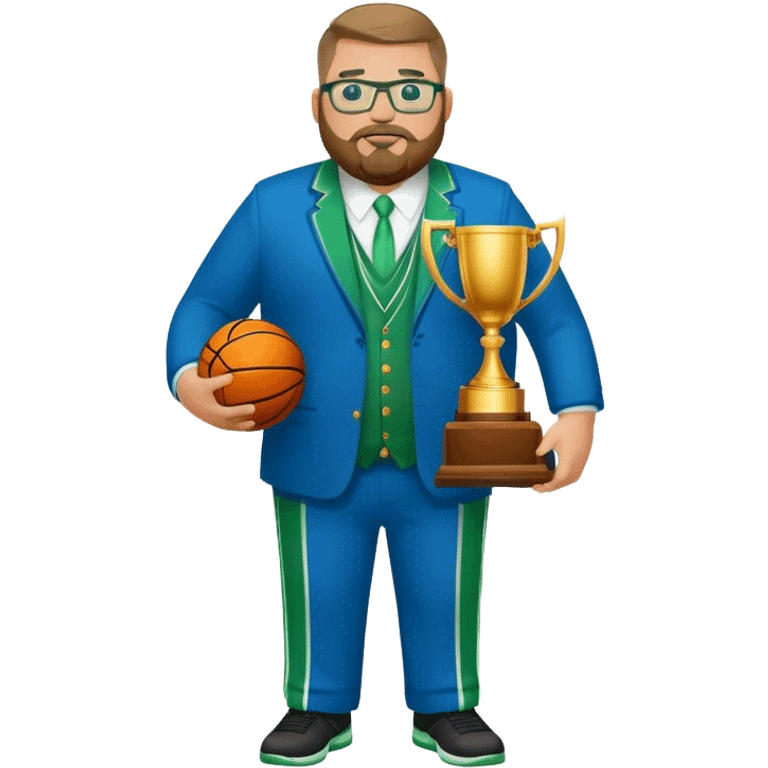 full body white obese male basketball coach with trophy. Goatee beard , Wearing glasses and blue and green suit emoji