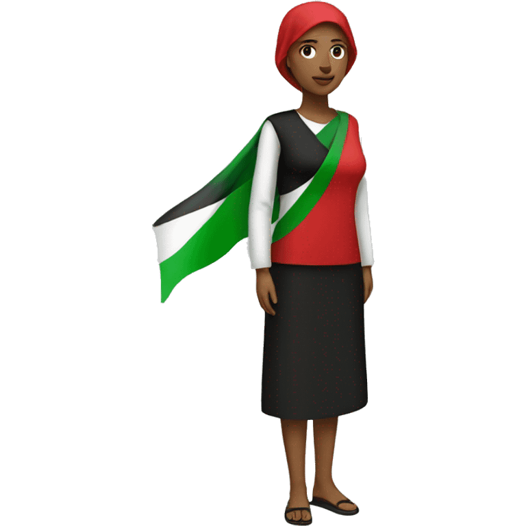 Woman standing wearing red green and black like Palestine emoji