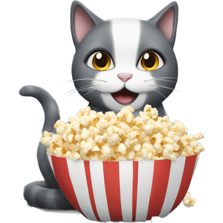 Dark gray and white cat eating popcorn emoji