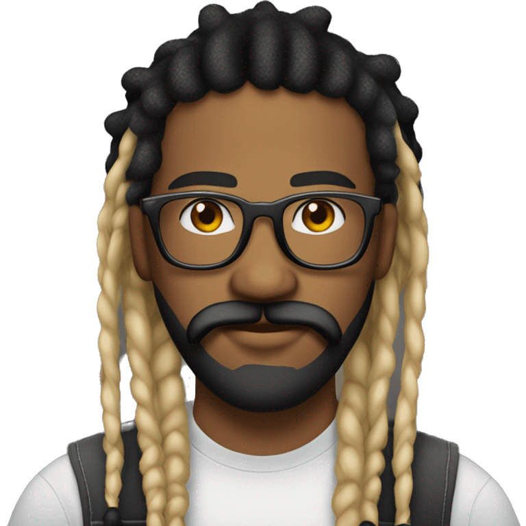 Guy with  blonde and black dreadlocks tied behind head, with big frame glasses, with beard and mustache, a trucker hat, septum ring emoji