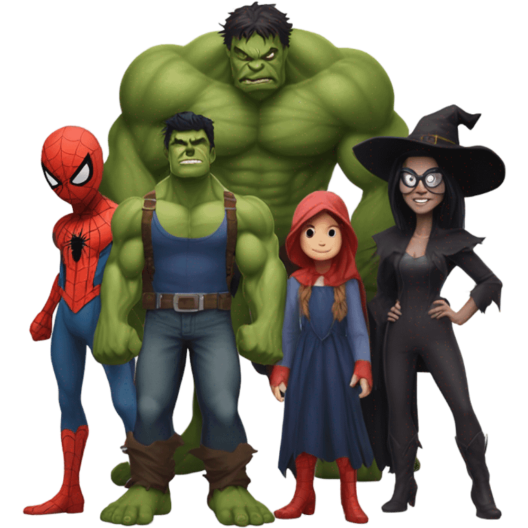 Spider-Man , the Hulk, the scarecrow and the witch together as a family emoji