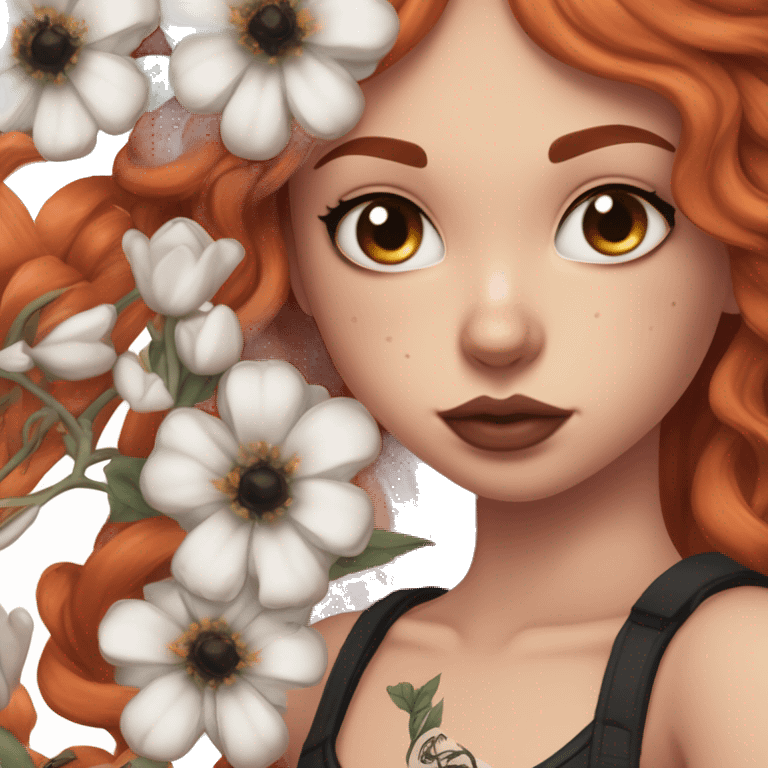 girl with fair skin, small nose, orangey red shoulder-length hair, large brown eyes, full lips, septum ring and large black and white chest tattoo of anatomical heart with flower bunches near the shoulders emoji