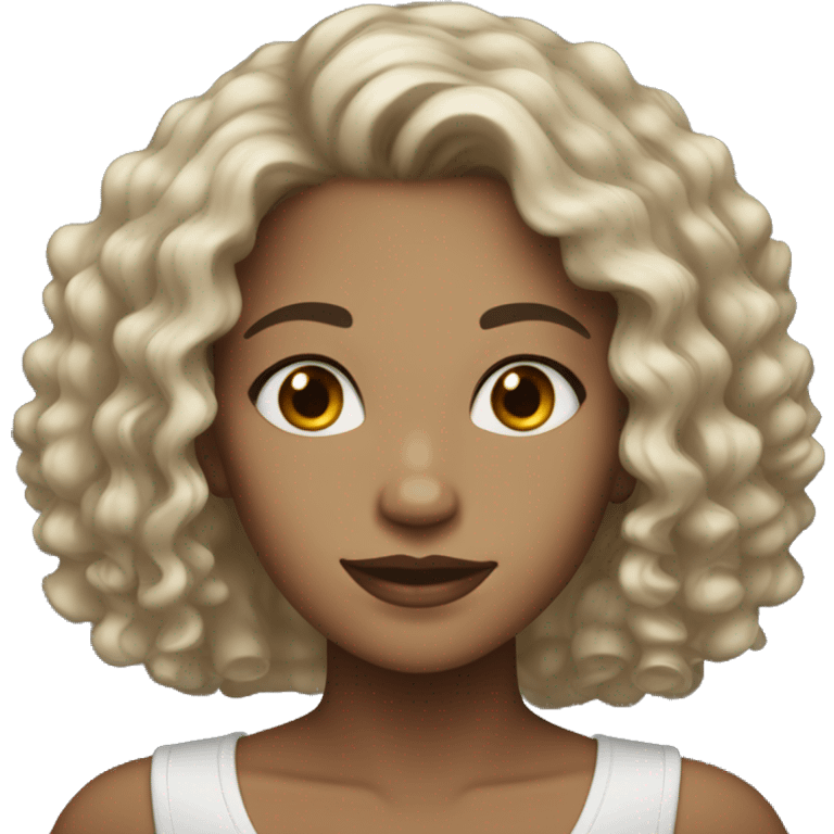 Light brown eyes female with black curly hair and light skin tone emoji