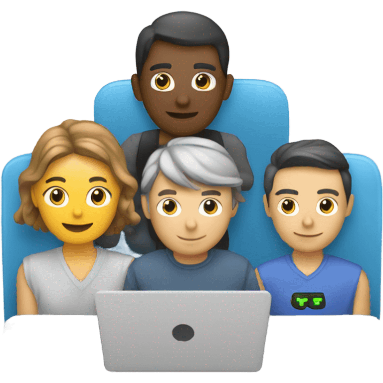 group of developers with a laptop with coding running in the emoji background emoji