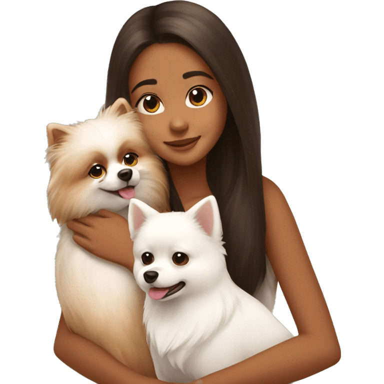 girl hugging white Pomeranian and brown Pomeranian  emoji