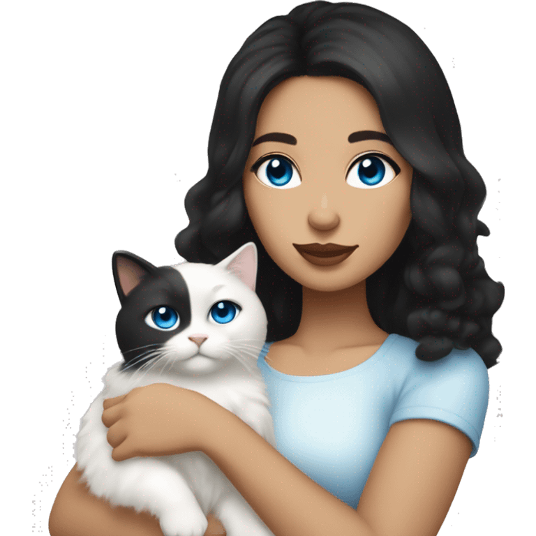 Brunette woman with olive skin and middle parted black hair holding a white fluffy cat with blue eyes  emoji