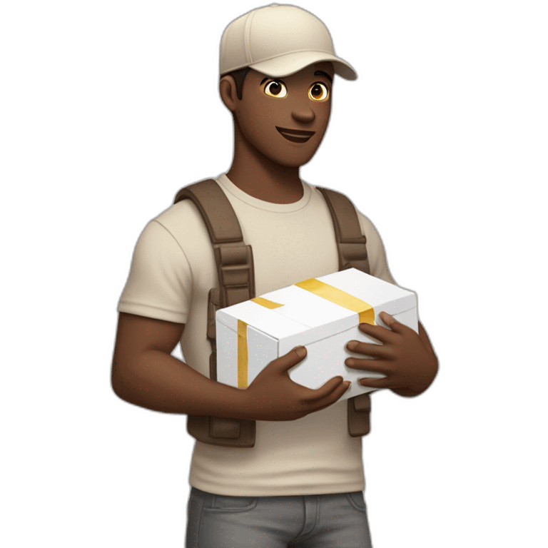 Pale skinned fit Man with dark brown hair in a beige cap, gray jeans, brown polo and white T-shirt keeping a pasted with tape white box into his hands emoji