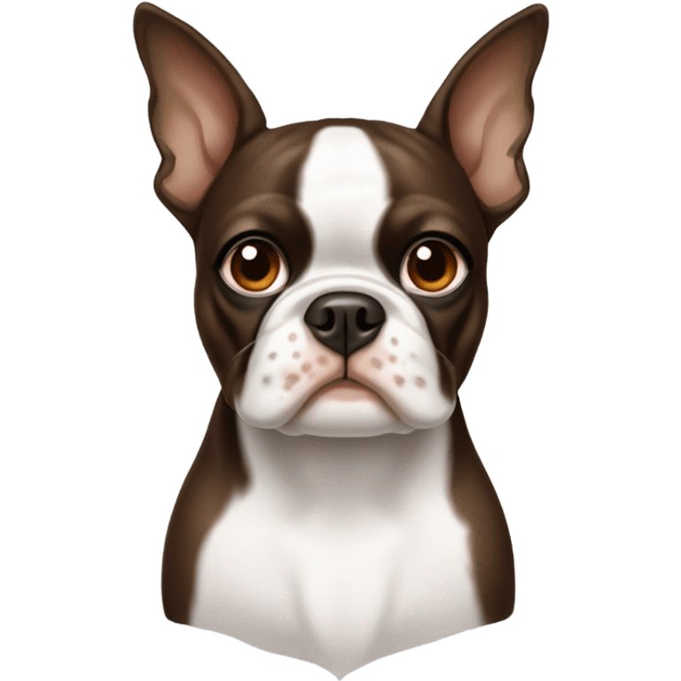 Brown and white Boston terrier with one ear pointing up and one ear pointing down emoji