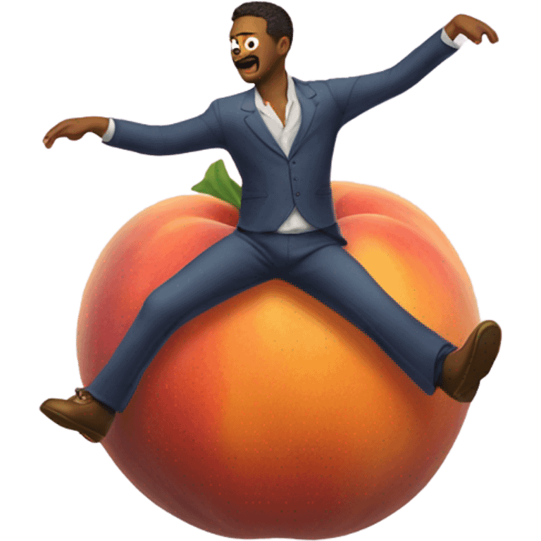 Man dancing with a giant peach with legs emoji