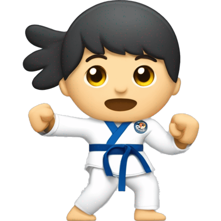 Una persona practicando Taekwondo con una discapacidad en un brazo. Sus movimientos muestran gracia y determinación, reflejando su habilidad y pasión por este deporte emoji