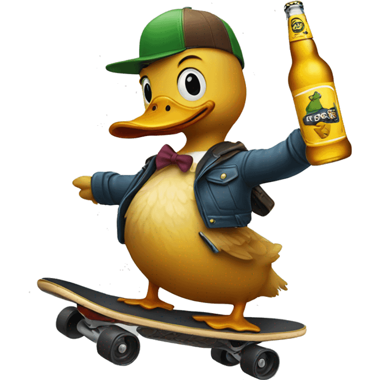 A duck riding a skateboard while holding a beer bottle  emoji