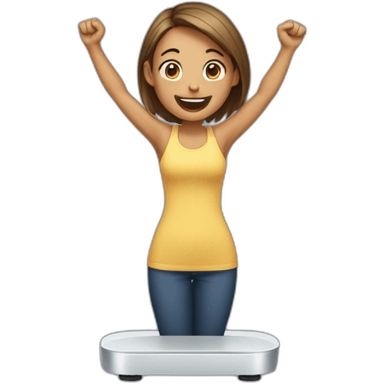 woman standing on weight scale, holding arms up in excitement emoji