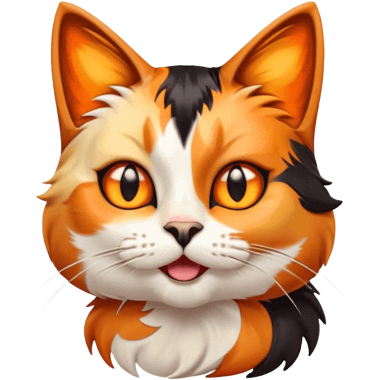 Cinematic Comical Calico Cat Portrait Emoji, Head tilted dramatically with an exaggeratedly surprised expression, showcasing a vibrant patchwork fur of orange, black, and white with wide, comically expressive eyes, simplified yet hilariously detailed, glowing with a sassy, golden radiance, high shine, exuding playful mischief and cheeky feline attitude, styled with a soft glowing outline, capturing the essence of a calico cat that looks ready to leap off the screen with mischievous flair! emoji