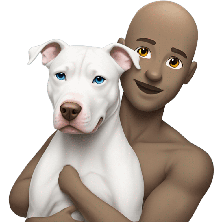 bald white man with blue eyes hugging all grey pit bull emoji