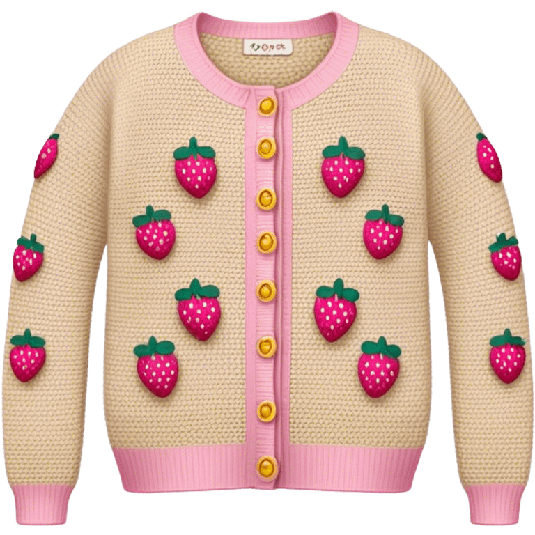 beige crocheted cardigan embroidered with small pink strawberries emoji