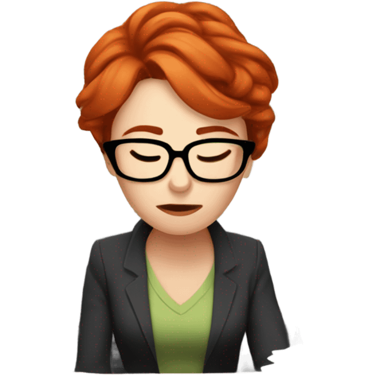 red hair woman wearing glasses sleeping frustrated desk monitor stack paper emoji