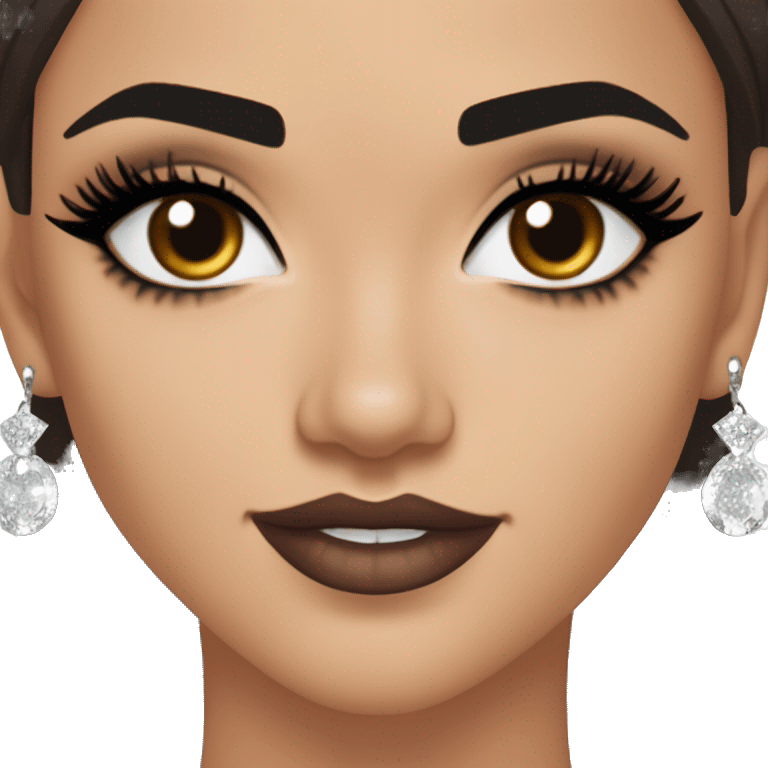 Maddy Perez euphoria show: warm brown eyes, bold black sharp eyeliner, sparkly rhinestones on eyes, dark arched brows, full nude-berry lips, light skin, high cheekbones, sleek dark brown long straight hair in ponytail.

 emoji