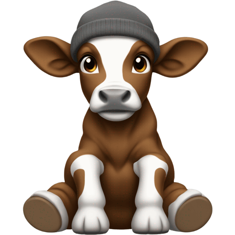 Brown white and black calf sitting down with a grey carhartt beanie on emoji