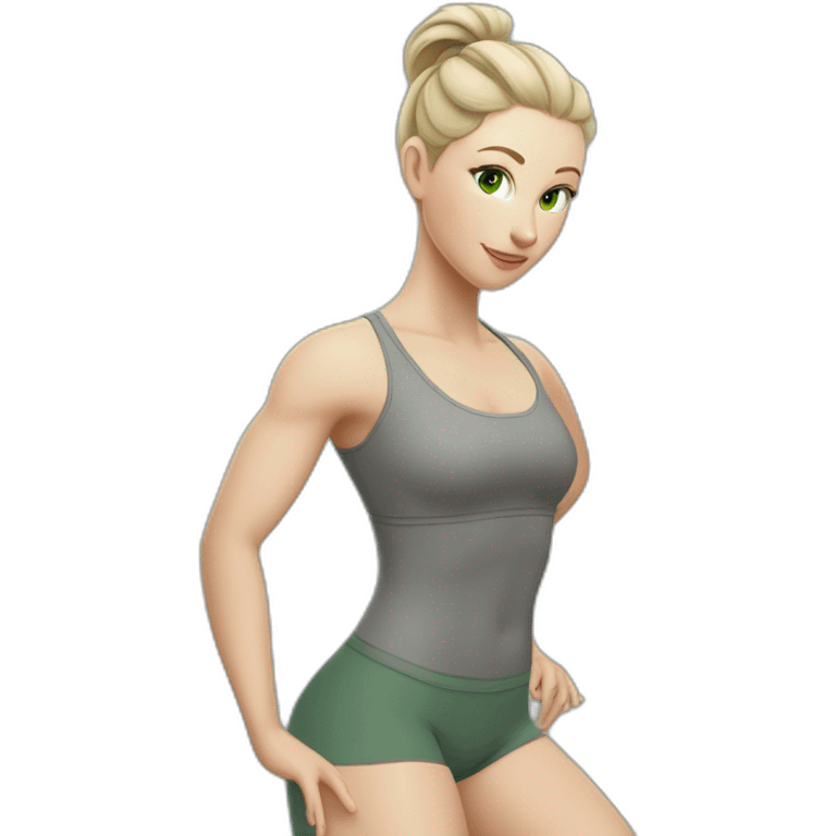 Pale skinned fit woman In a gray tight yoga suit With ash blonde hair in a ponytail and green eyes doing yoga emoji