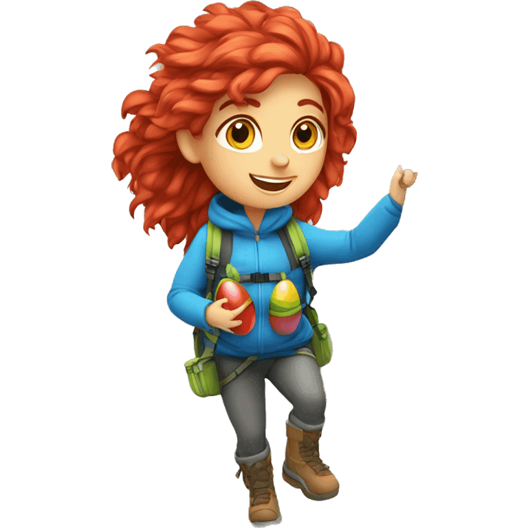 Female winter mountain climber red windy hair climbing with Greek flag on backpack and holding Easter eggs basket emoji