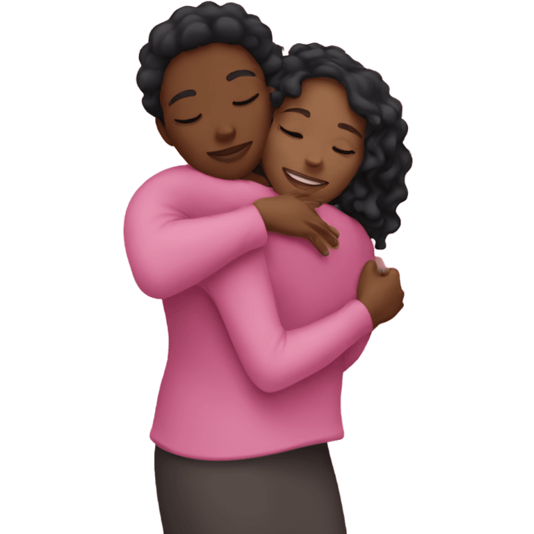 Black woman hugging wearing pink emoji