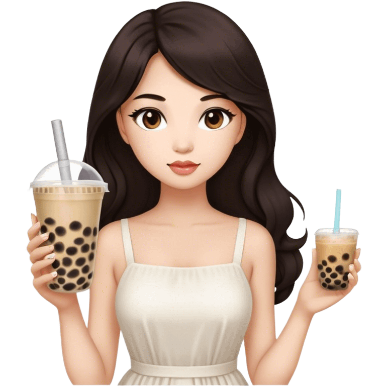 Beautiful woman in 1965’s woman fashion look, white dress, long dark brown hair, bubble tea emoji