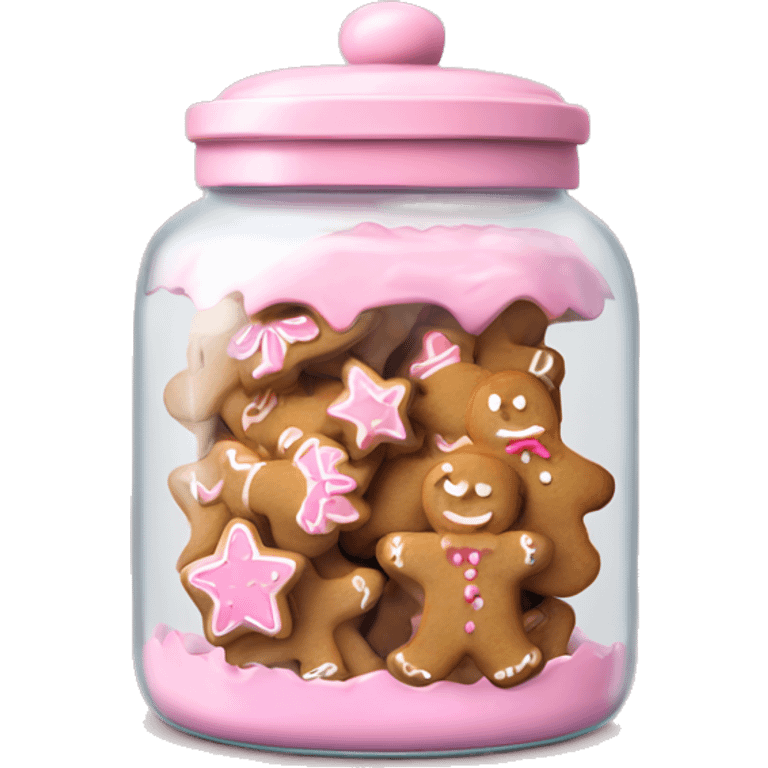 Realistic glass cookie jar with light pink lid full of gingerbread cookies isolated.  emoji