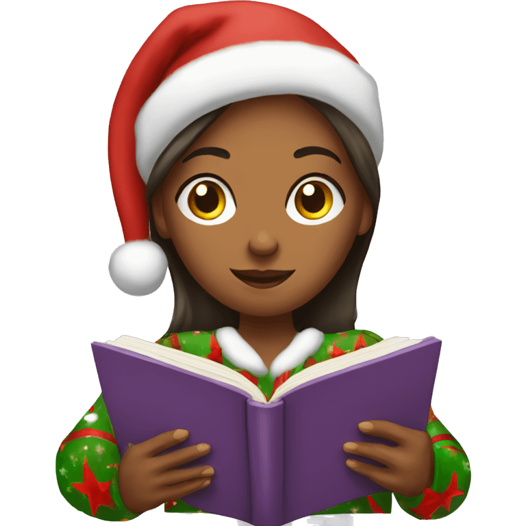 Woman in Christmas pajamas reading a christmas book emoji