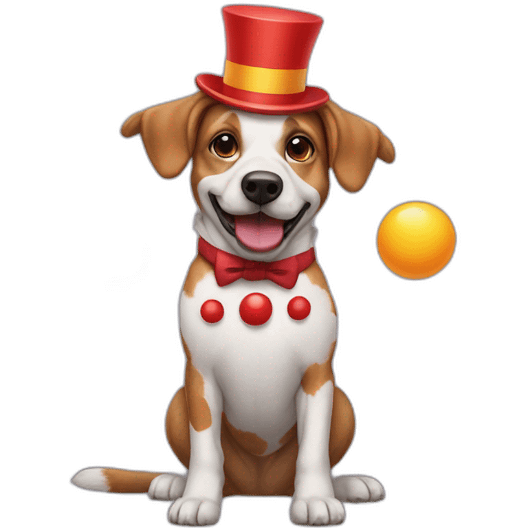 A dog dressed as a clown juggling emoji