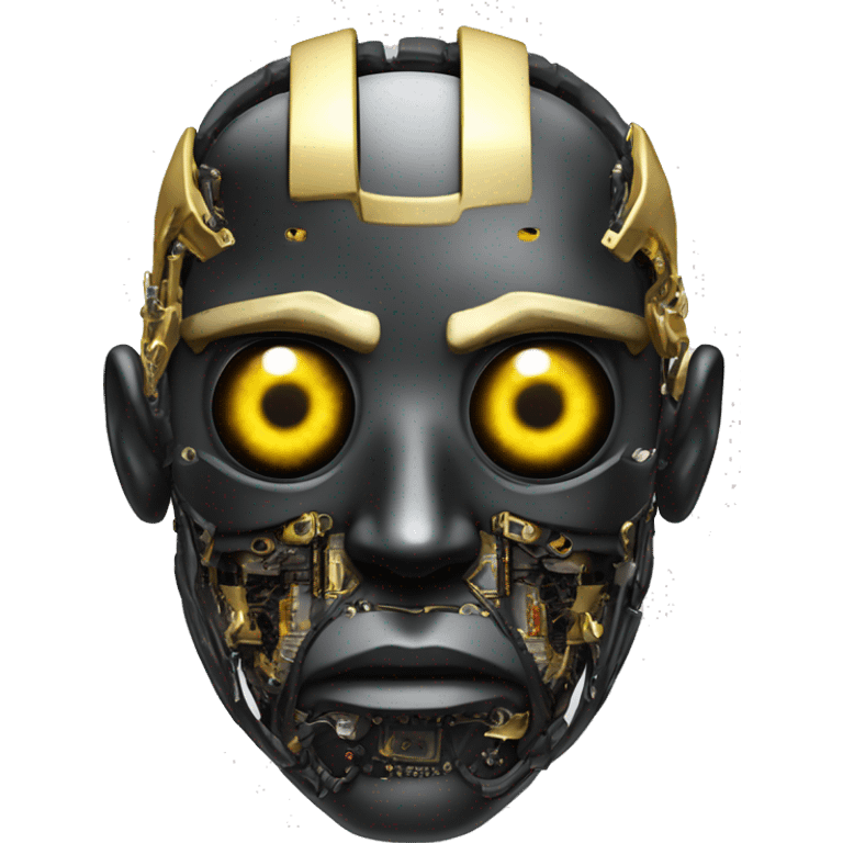 black metal male cyborg head with  one artificial eyeball, circuitry, goatee and dreaded yellow gold hair emoji