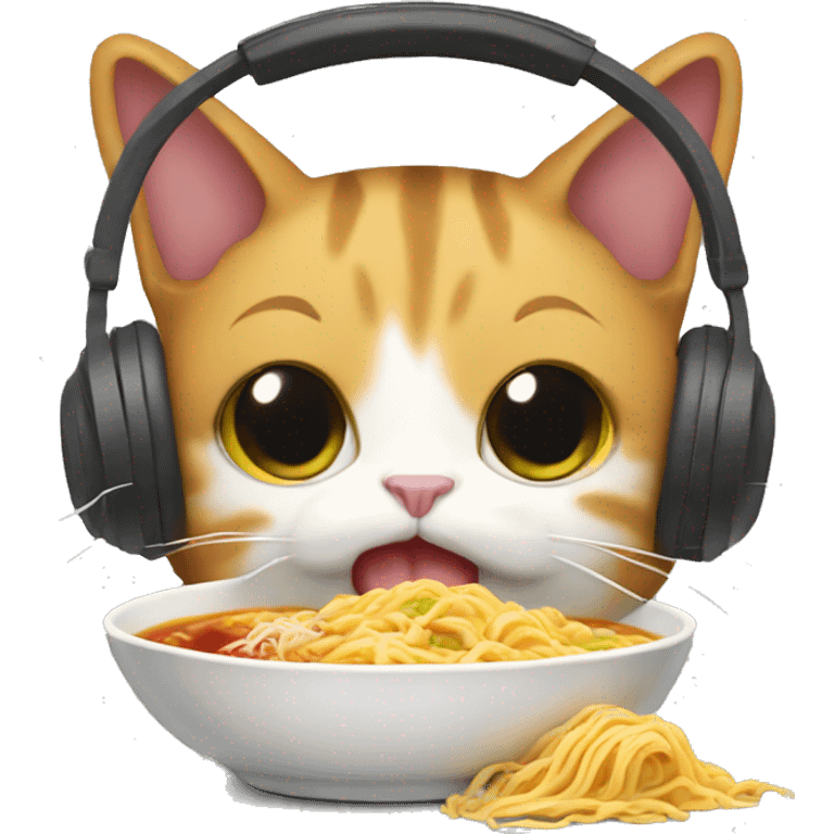 Cat with headphones eating ramen emoji