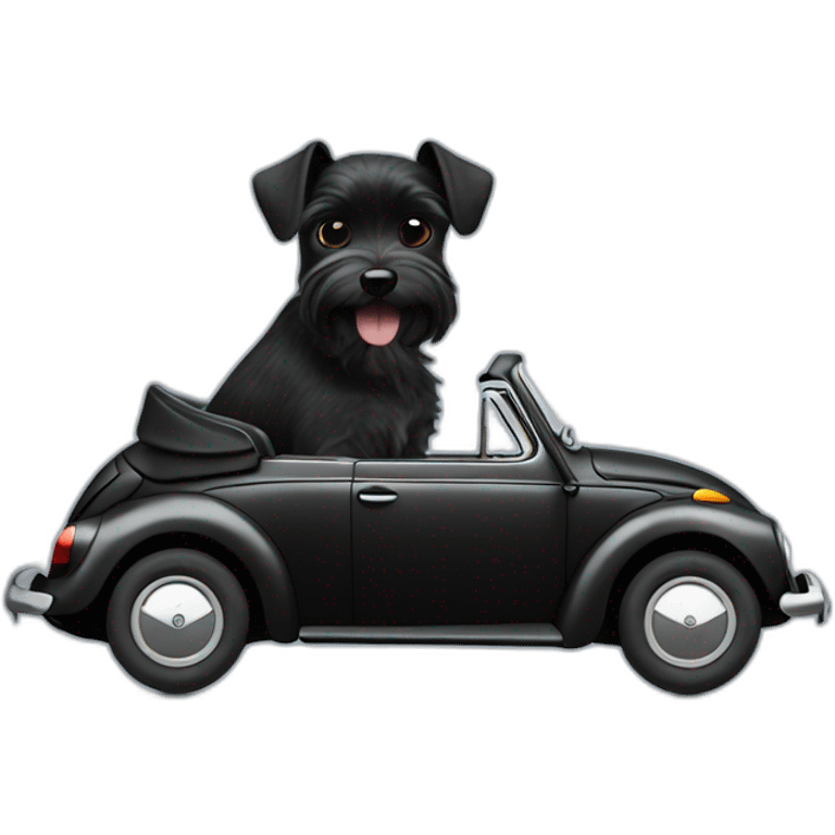 Miniature black Schnauzer driving a Volkswagen Beetle emoji