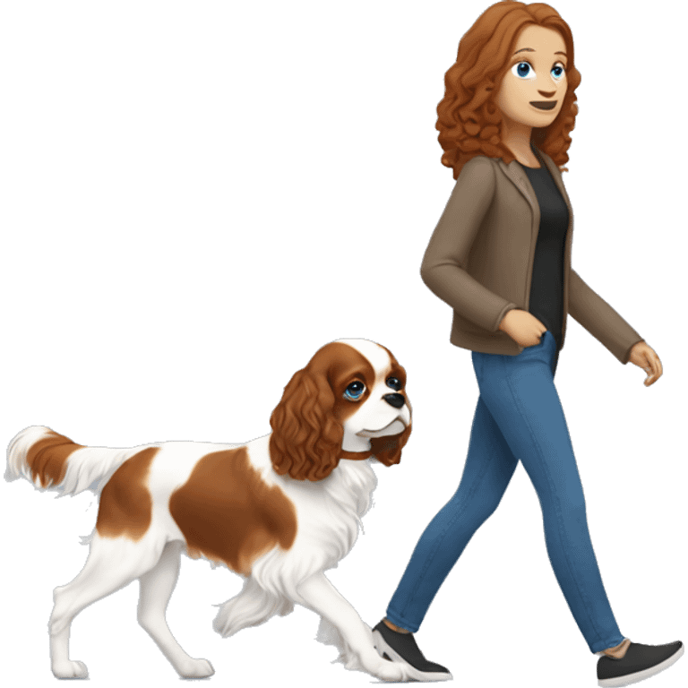 A white woman with blue eyes walks with a cavalier King Charles spaniel emoji