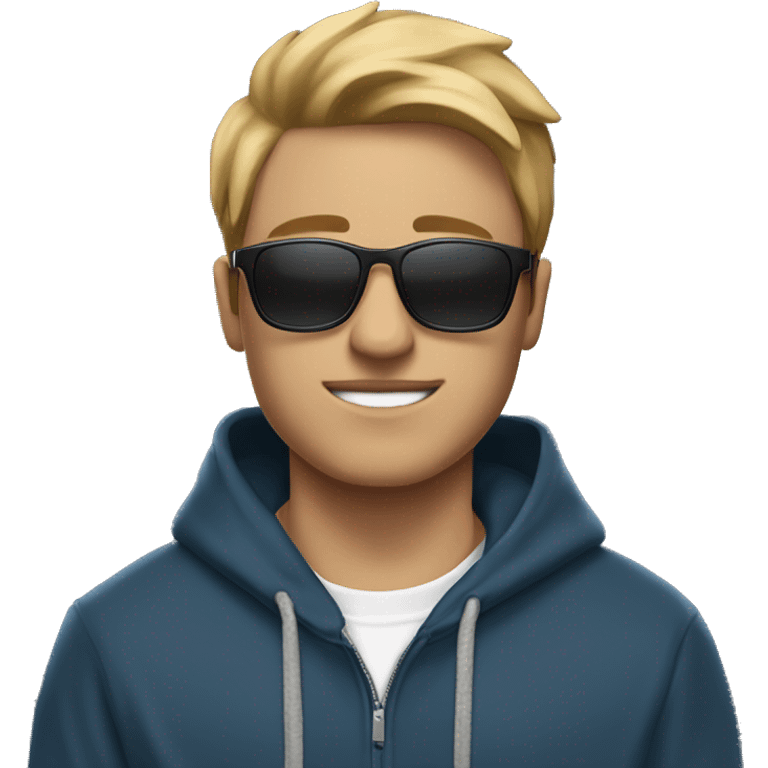 An university student in a blue hoodie with the hood down, black joggers with white sneakers carrying a closed laptop in one of his hand on the side of his body sideways and he is wearing thin sunglasses with black lens.  emoji