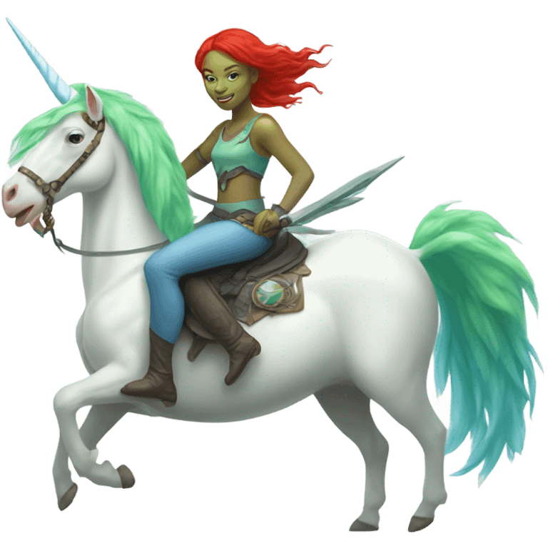 [(a light green Amazon alien woman with red hair with blue eyes) on a (four-legged white unicorn)] emoji