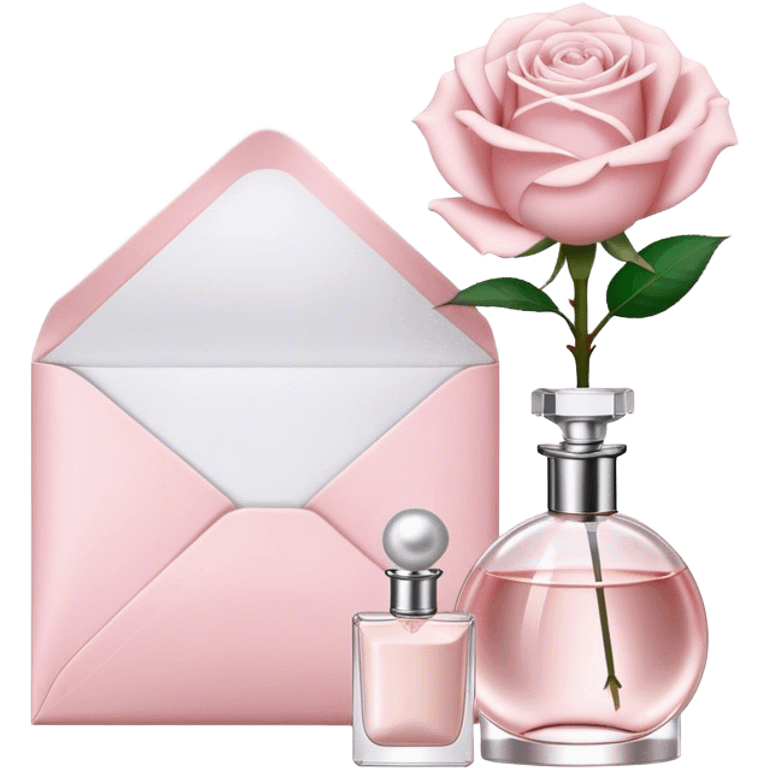 white rose next to a pearl-colored envelope and a flacon of aesthetically pleasing perfume in powder pink  emoji