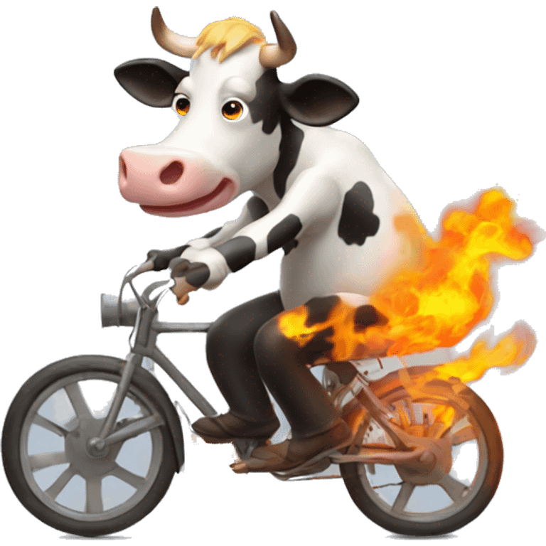 A cow trasforming it ghost  ridere riding a bike in fire emoji