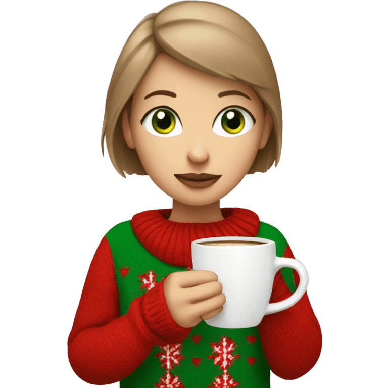 Light brown short haired girl with green eyes drinking coffee wearing red Christmas sweater emoji