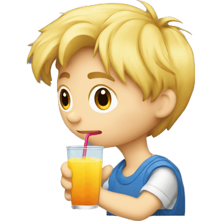 A blonde boy sucking or drinking juice with a straw while his hand is holding the drink, profile view emoji