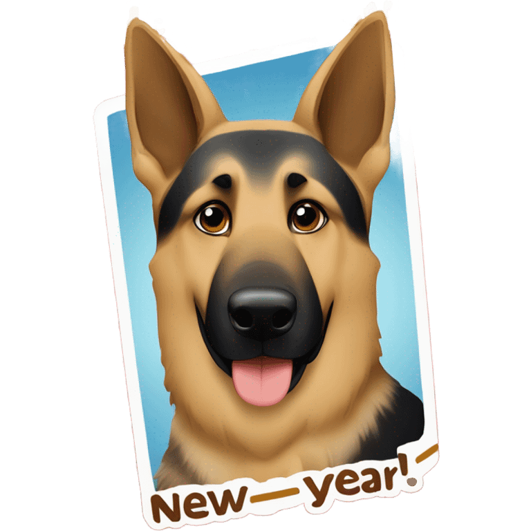 Blonde and brown German shepherd holding a sign that says “Happy New Year” emoji