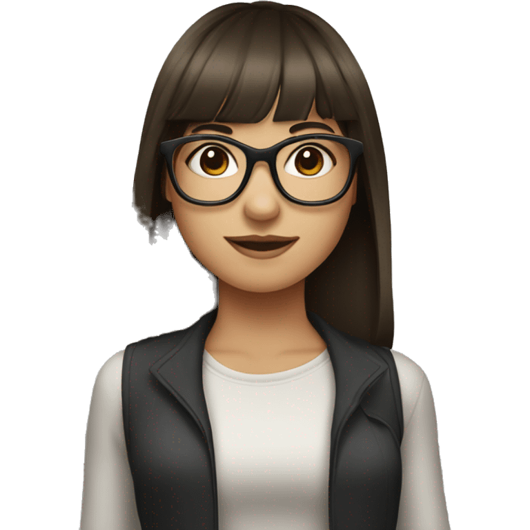 a brunette girl with bangs, long hair, brown hair, and black glasses emoji