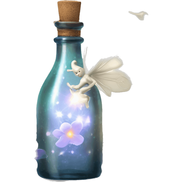 White magic fairy light sparkling old Antique bottle with poison and with herbal and flowers emoji