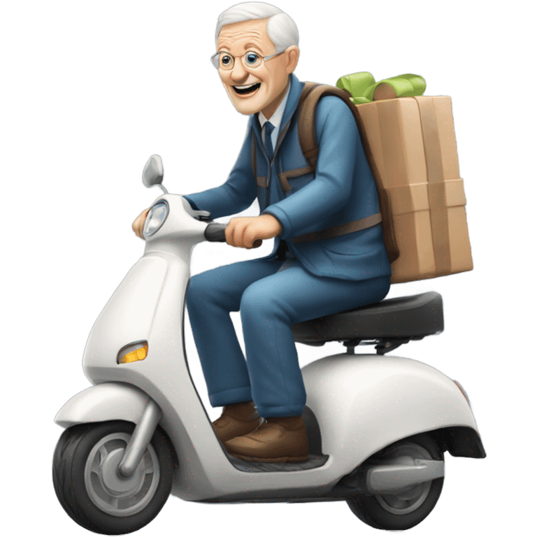 Old white man on e-scooter delivering a cake emoji