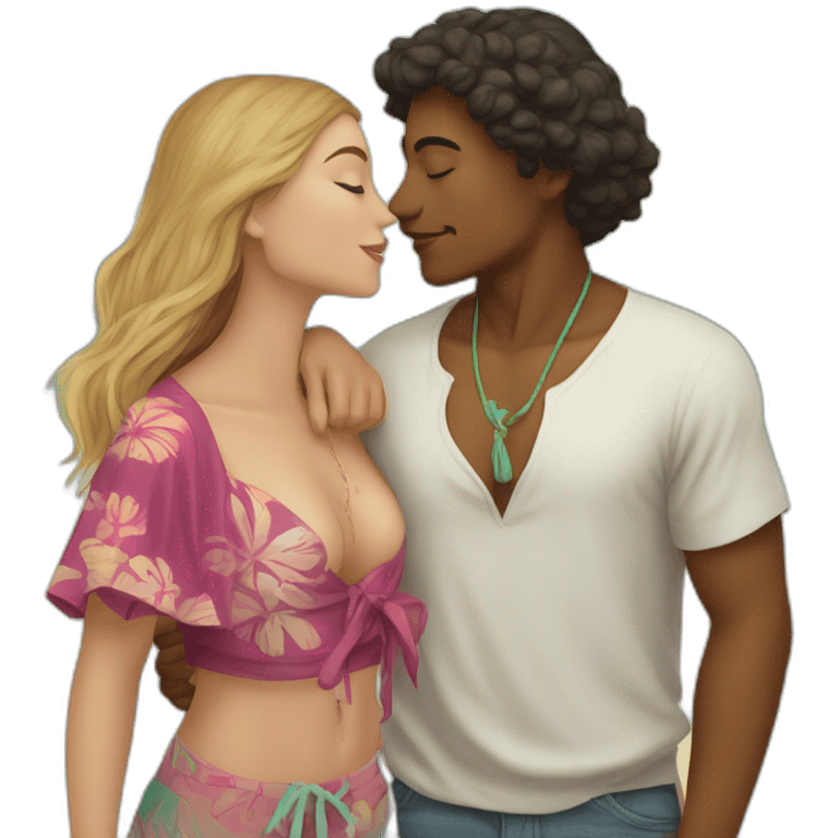 with beach clothes young metis man and white woman kiss love emoji