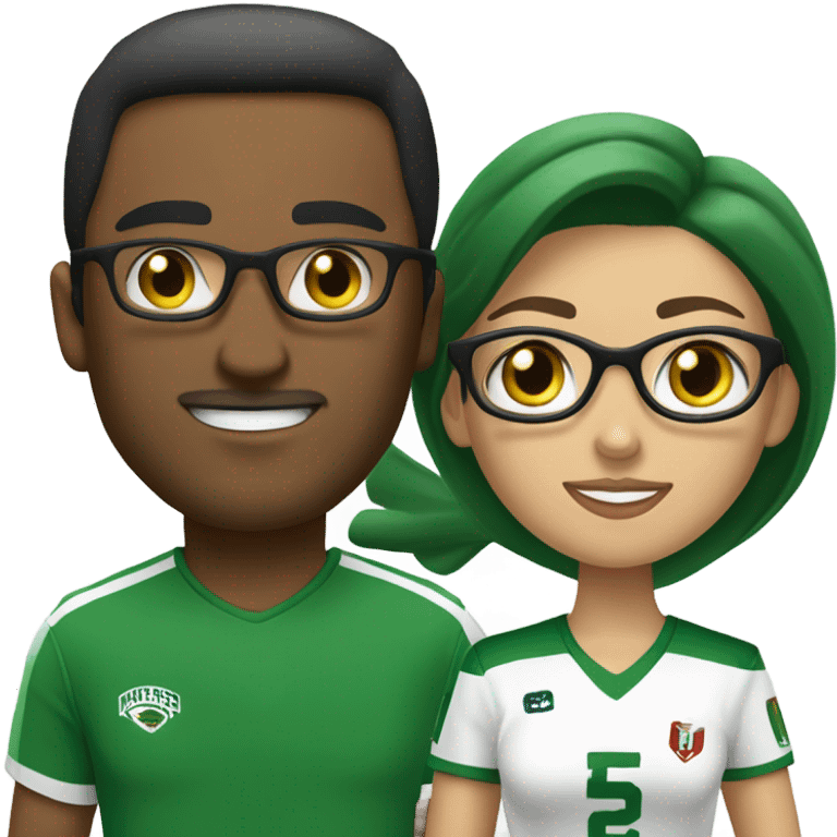 A couple, the man and woman are white, the woman is paler than the man.
The man has short black hair and is wearing a Turkey football shirt.
The woman is blonde with long hair and green eyes. She wears glasses and an Algerian football shirt. emoji