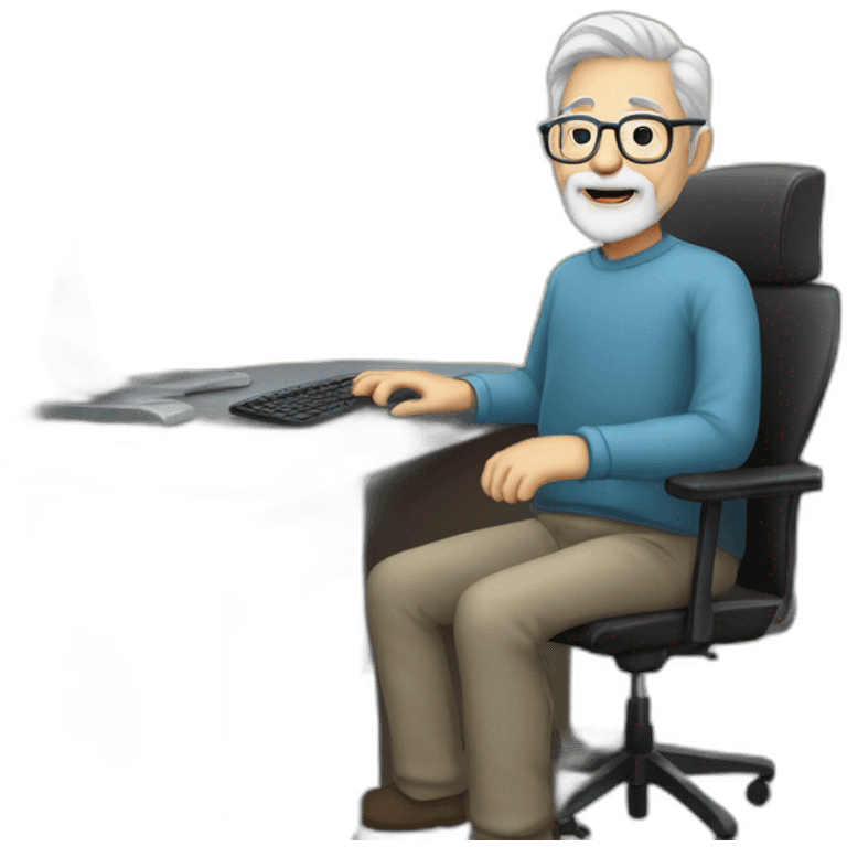 old man with greay hair and beard and glasses sitting at a desktop with computer emoji