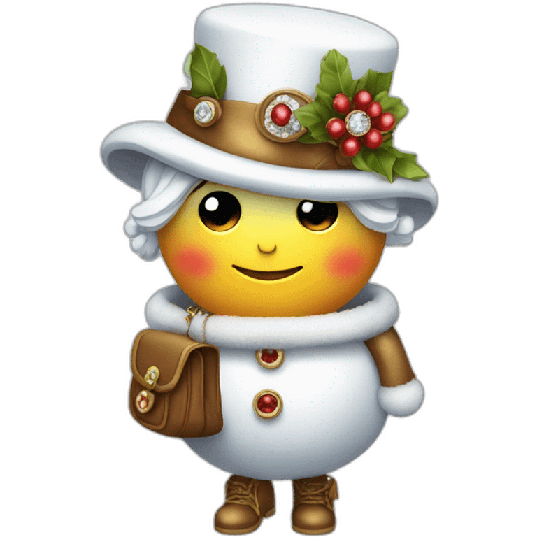 snow woman with designer top hat eyes and buttons are made of precious gems holding a purse in stick arms with a back pack on emoji