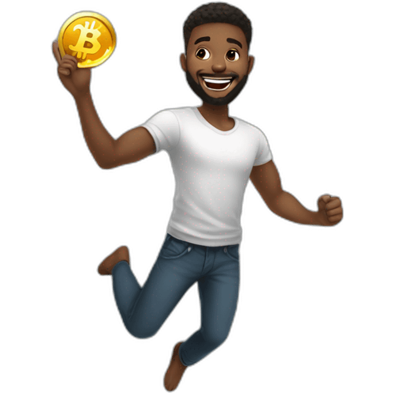 A young black man with beards jumping up with joy while holding a bitcoin in his hand emoji