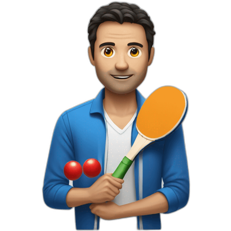 dark hair man holding table tennis bat and a beer emoji